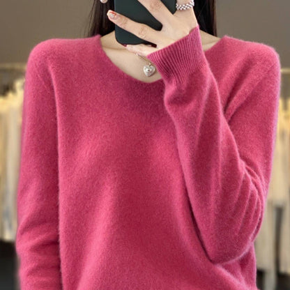 Women's Wool Sweater V-neck Solid Color Loose-fitting Versatile Wool Loose Bottoming Shirt - Xmaker