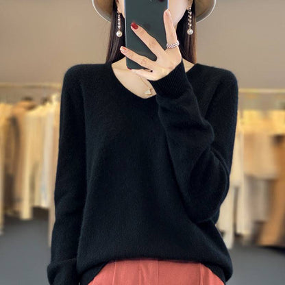 Women's Wool Sweater V-neck Solid Color Loose-fitting Versatile Wool Loose Bottoming Shirt - Xmaker