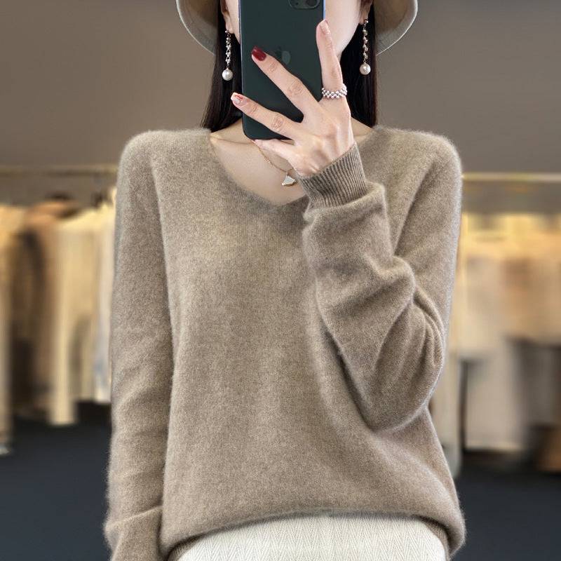 Women's Wool Sweater V-neck Solid Color Loose-fitting Versatile Wool Loose Bottoming Shirt - Xmaker