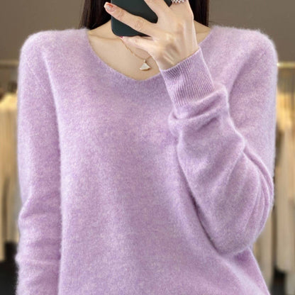 Women's Wool Sweater V-neck Solid Color Loose-fitting Versatile Wool Loose Bottoming Shirt - Xmaker