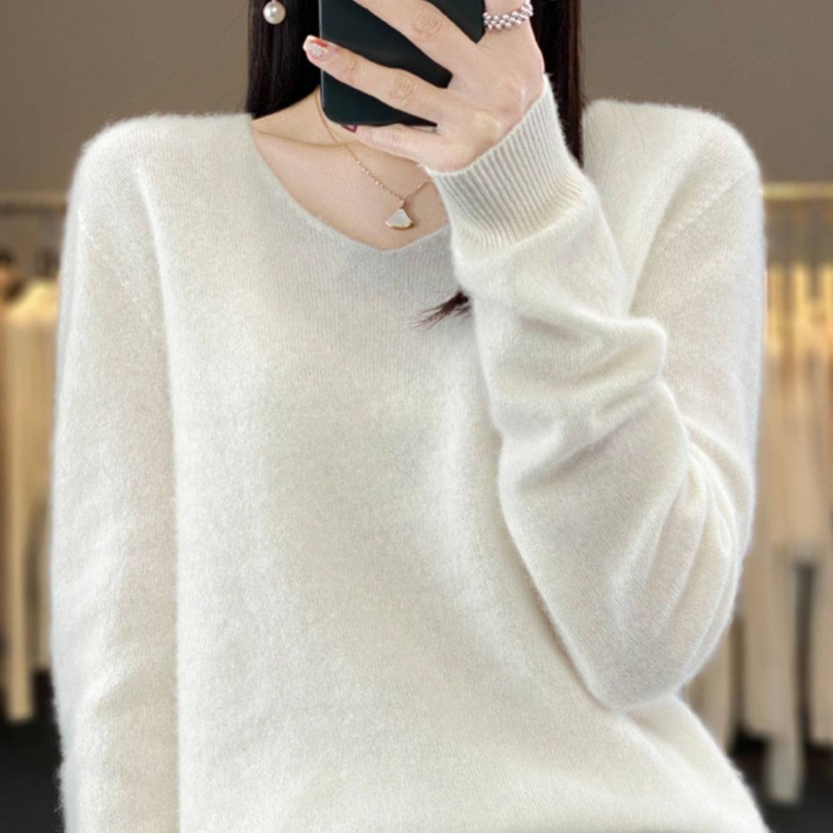 Women's Wool Sweater V-neck Solid Color Loose-fitting Versatile Wool Loose Bottoming Shirt - Xmaker