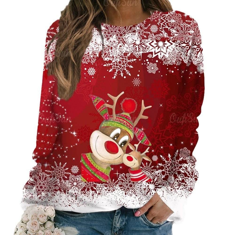 Women's Long Sleeve Digital 3D Printing Cartoon Elk Round Neck Sweater - Xmaker