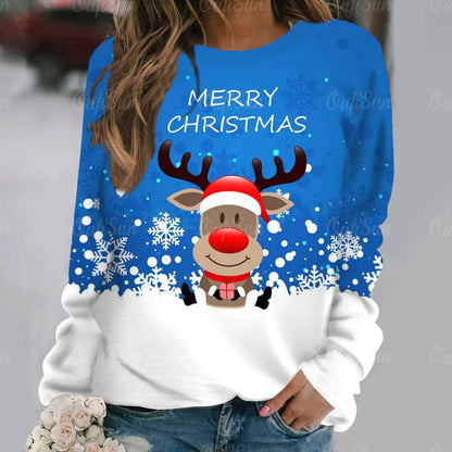 Women's Long Sleeve Digital 3D Printing Cartoon Elk Round Neck Sweater - Xmaker