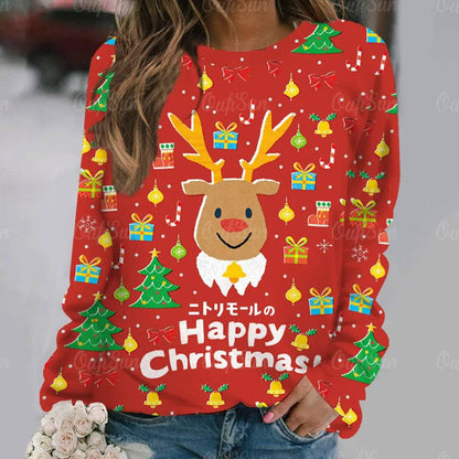 Women's Long Sleeve Digital 3D Printing Cartoon Elk Round Neck Sweater - Xmaker