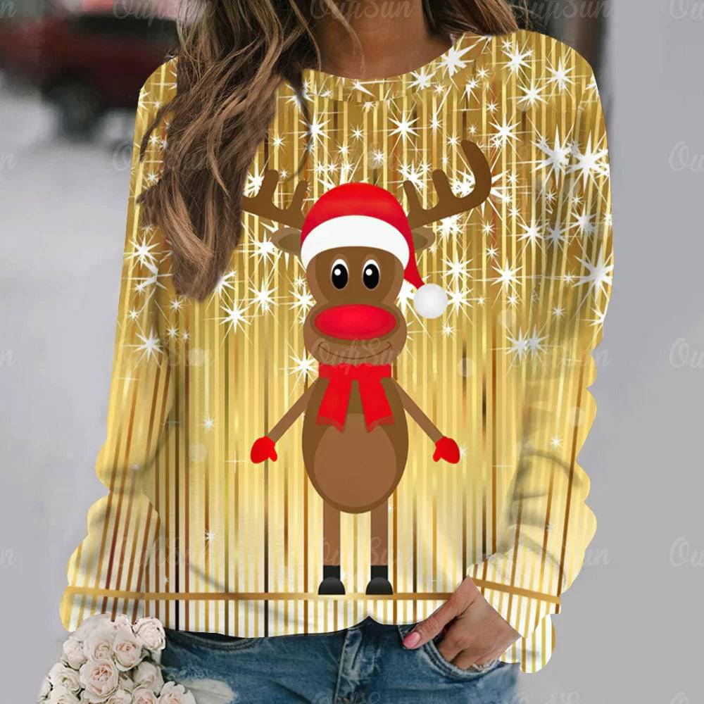 Women's Long Sleeve Digital 3D Printing Cartoon Elk Round Neck Sweater - Xmaker