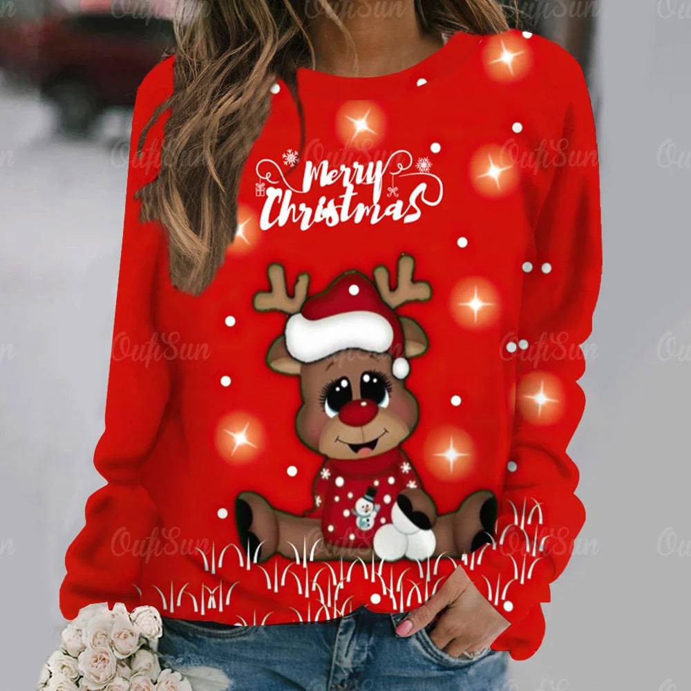 Women's Long Sleeve Digital 3D Printing Cartoon Elk Round Neck Sweater - Xmaker