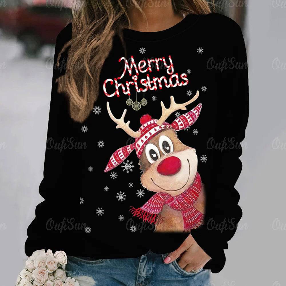 Women's Long Sleeve Digital 3D Printing Cartoon Elk Round Neck Sweater - Xmaker