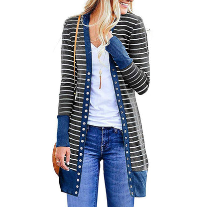 Women's Mid-length Button Striped Cardigan - Xmaker