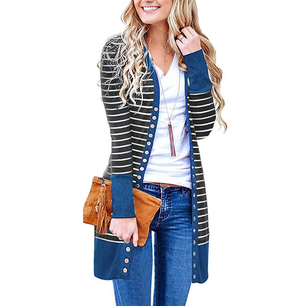 Women's Mid-length Button Striped Cardigan - Xmaker