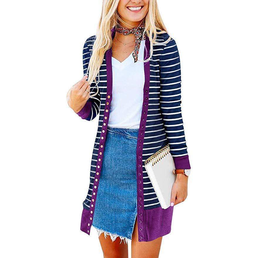 Women's Mid-length Button Striped Cardigan - Xmaker