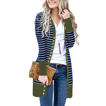 Women's Mid-length Button Striped Cardigan - Xmaker