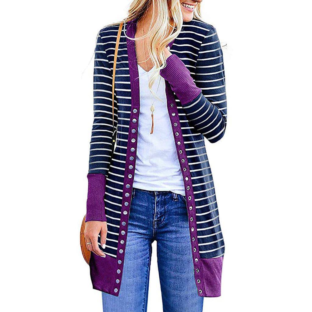 Women's Mid-length Button Striped Cardigan - Xmaker