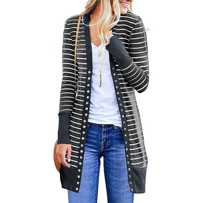 Women's Mid-length Button Striped Cardigan - Xmaker