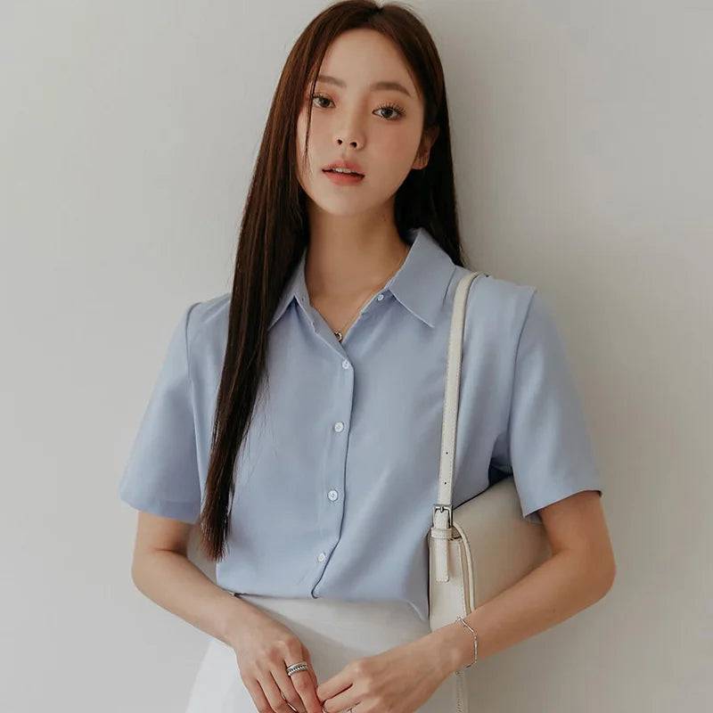 Women's Blouse Short Sleeve Lapel Neck Shirt - Xmaker